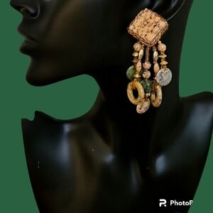 VTG CHIPITA 1980s Artisan Tile Beaded Dangle Post Earrings